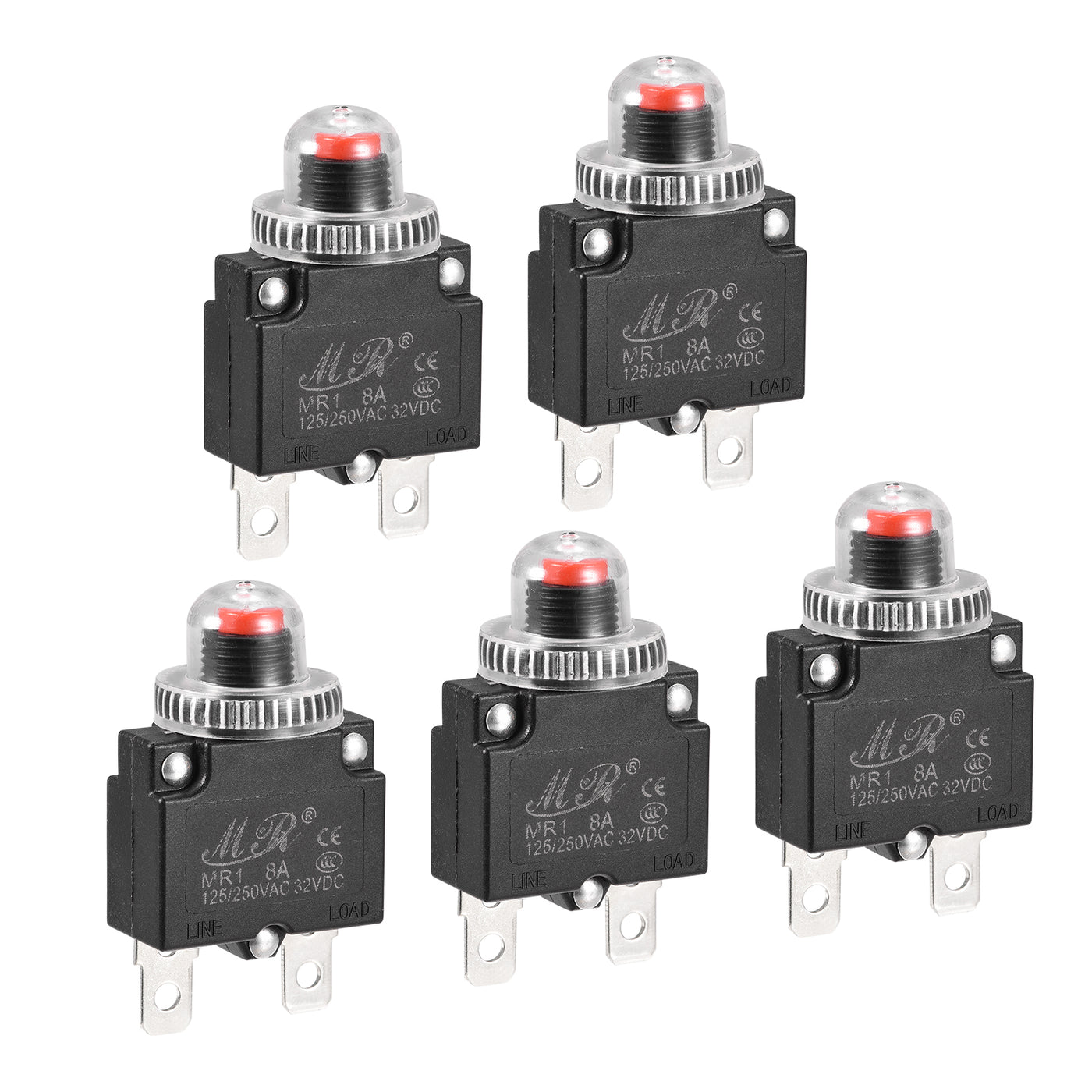 Harfington Circuit Overload Protector 8A AC125/250V DC32V Push Button Thermal Circuit Breaker for Air Compressor with Waterproof Caps 5pcs