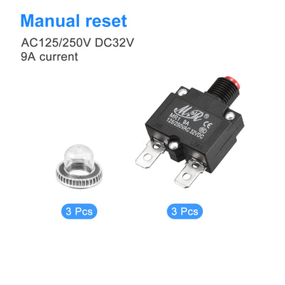 Harfington Circuit Overload Protector 9A AC125/250V DC32V Push Button Thermal Circuit Breaker for Air Compressor with Waterproof Caps 3pcs