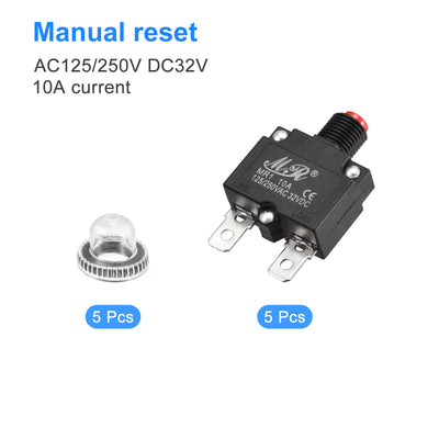 Harfington Circuit Overload Protector 10A AC125/250V DC32V Push Button Thermal Circuit Breaker for Air Compressor with Waterproof Caps 5pcs