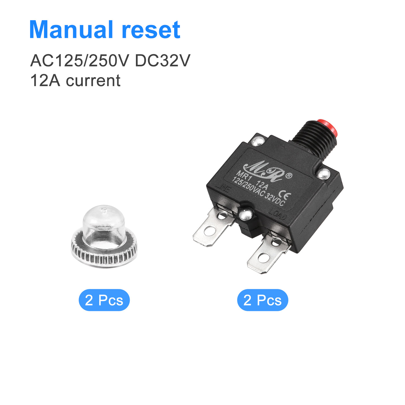 Harfington Circuit Overload Protector 12A AC125/250V DC32V Push Button Thermal Circuit Breaker for Air Compressor with Waterproof Caps 2pcs