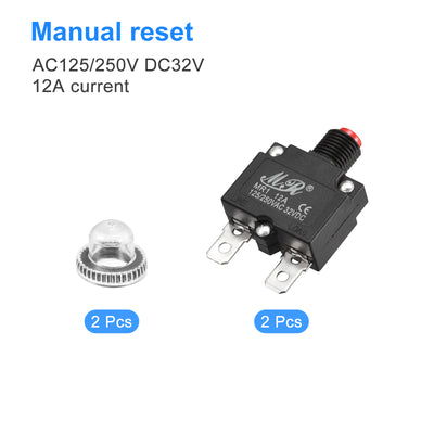 Harfington Circuit Overload Protector 12A AC125/250V DC32V Push Button Thermal Circuit Breaker for Air Compressor with Waterproof Caps 2pcs