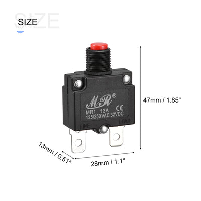 Harfington Circuit Overload Protector 13A AC125/250V DC32V Push Button Thermal Circuit Breaker for Air Compressor with Waterproof Caps 3pcs