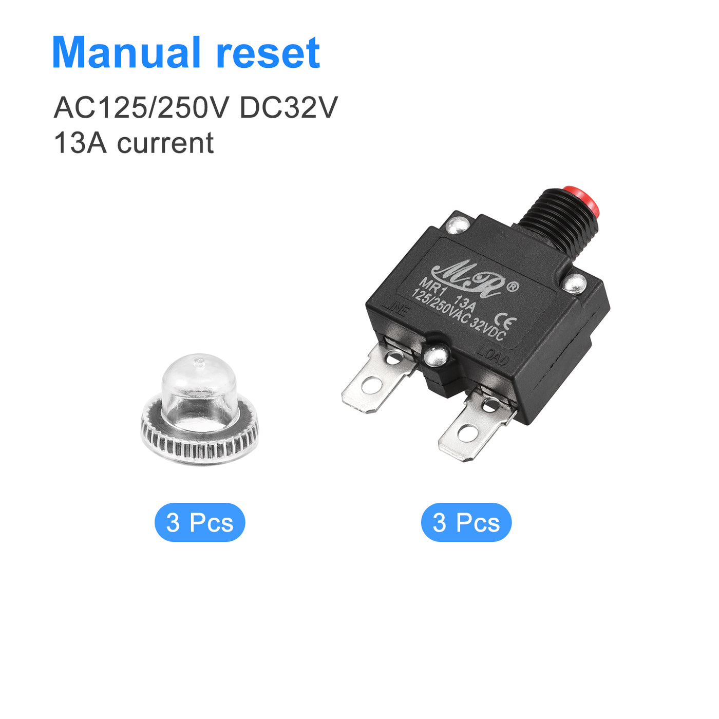 Harfington Circuit Overload Protector 13A AC125/250V DC32V Push Button Thermal Circuit Breaker for Air Compressor with Waterproof Caps 3pcs