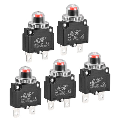 Harfington Circuit Overload Protector 13A AC125/250V DC32V Push Button Thermal Circuit Breaker for Air Compressor with Waterproof Caps 5pcs