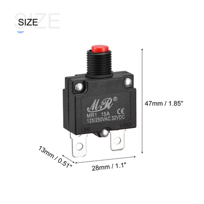 Harfington Circuit Overload Protector 15A AC125/250V DC32V Push Button Thermal Circuit Breaker for Air Compressor with Waterproof Caps 3pcs