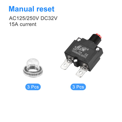 Harfington Circuit Overload Protector 15A AC125/250V DC32V Push Button Thermal Circuit Breaker for Air Compressor with Waterproof Caps 3pcs