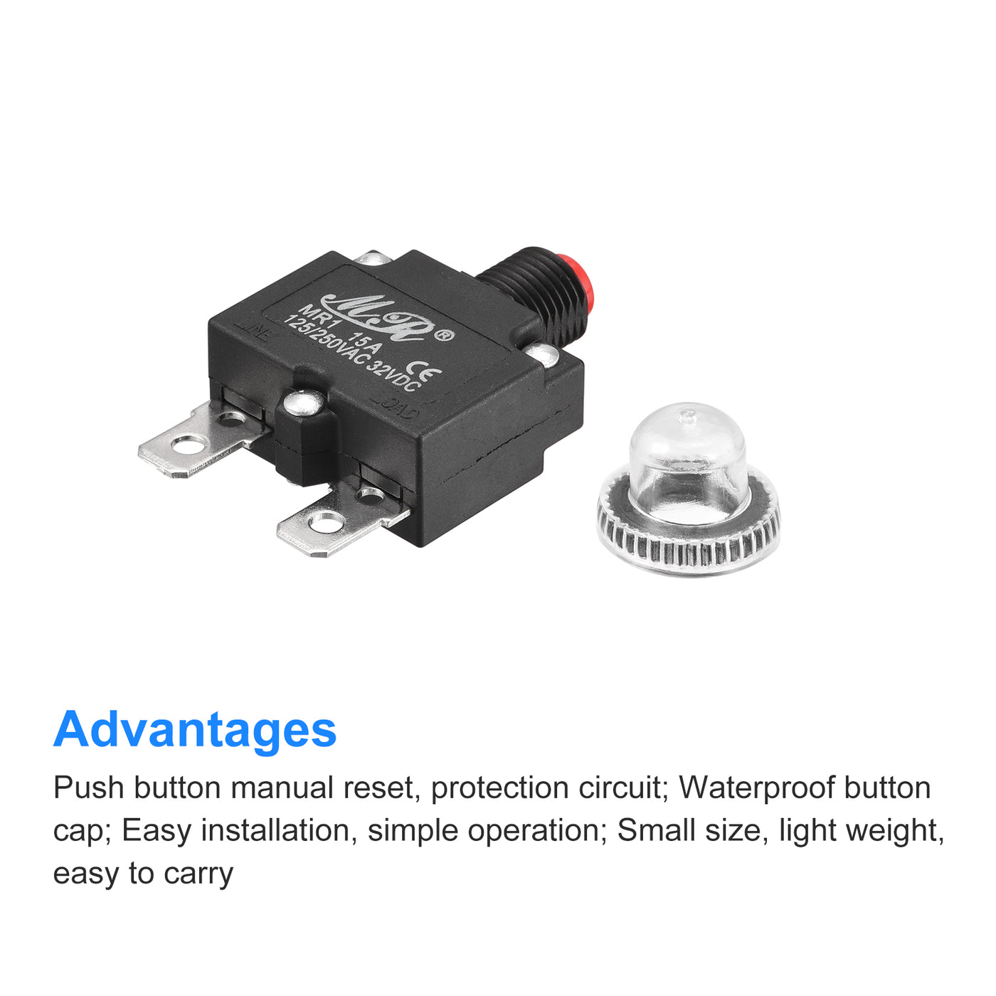 Harfington Circuit Overload Protector 15A AC125/250V DC32V Push Button Thermal Circuit Breaker for Air Compressor with Waterproof Caps 3pcs