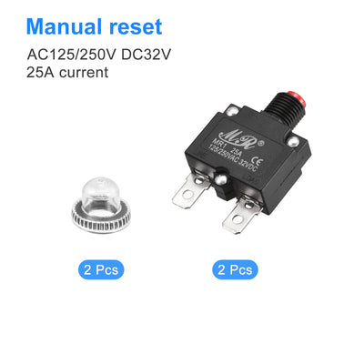 Harfington Circuit Overload Protector 25A AC125/250V DC32V Push Button Thermal Circuit Breaker for Air Compressor with Waterproof Caps 2pcs