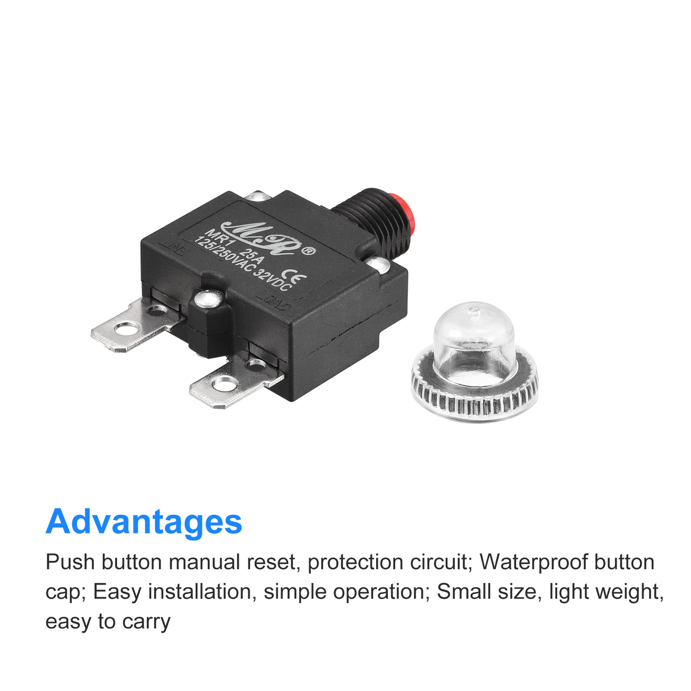 Harfington Circuit Overload Protector 25A AC125/250V DC32V Push Button Thermal Circuit Breaker for Air Compressor with Waterproof Caps 2pcs