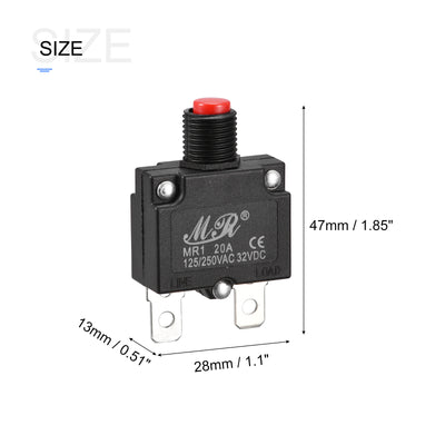 Harfington Circuit Overload Protector Kit 20A AC125/250V DC32V Push Button Thermal Circuit Breaker with Waterproof Caps 2 Set