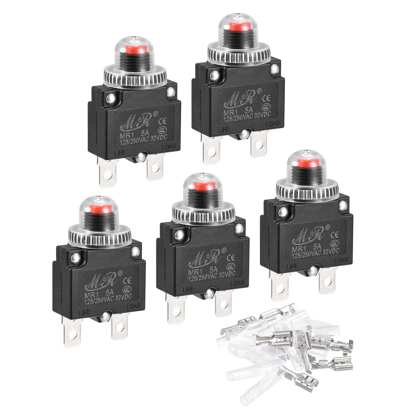 Harfington Circuit Overload Protector Kit 5A AC125/250V DC32V Push Button Thermal Circuit Breaker with Waterproof Caps 5 Set