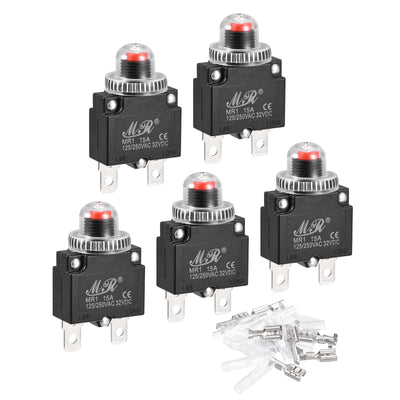 Harfington Circuit Overload Protector Kit 15A AC125/250V DC32V Push Button Thermal Circuit Breaker with Waterproof Caps 5 Set