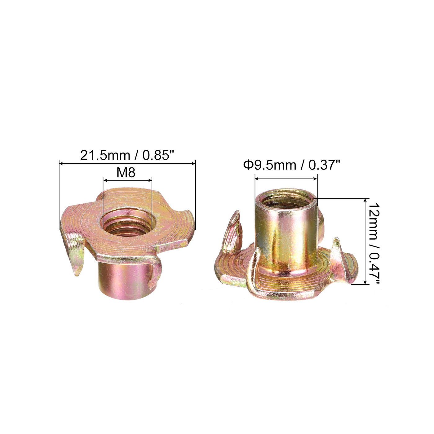 uxcell Uxcell M8x12mm T-Nuts 4 Pronged Tee Nut Carbon Steel Threaded Inserts for Wood 12pcs