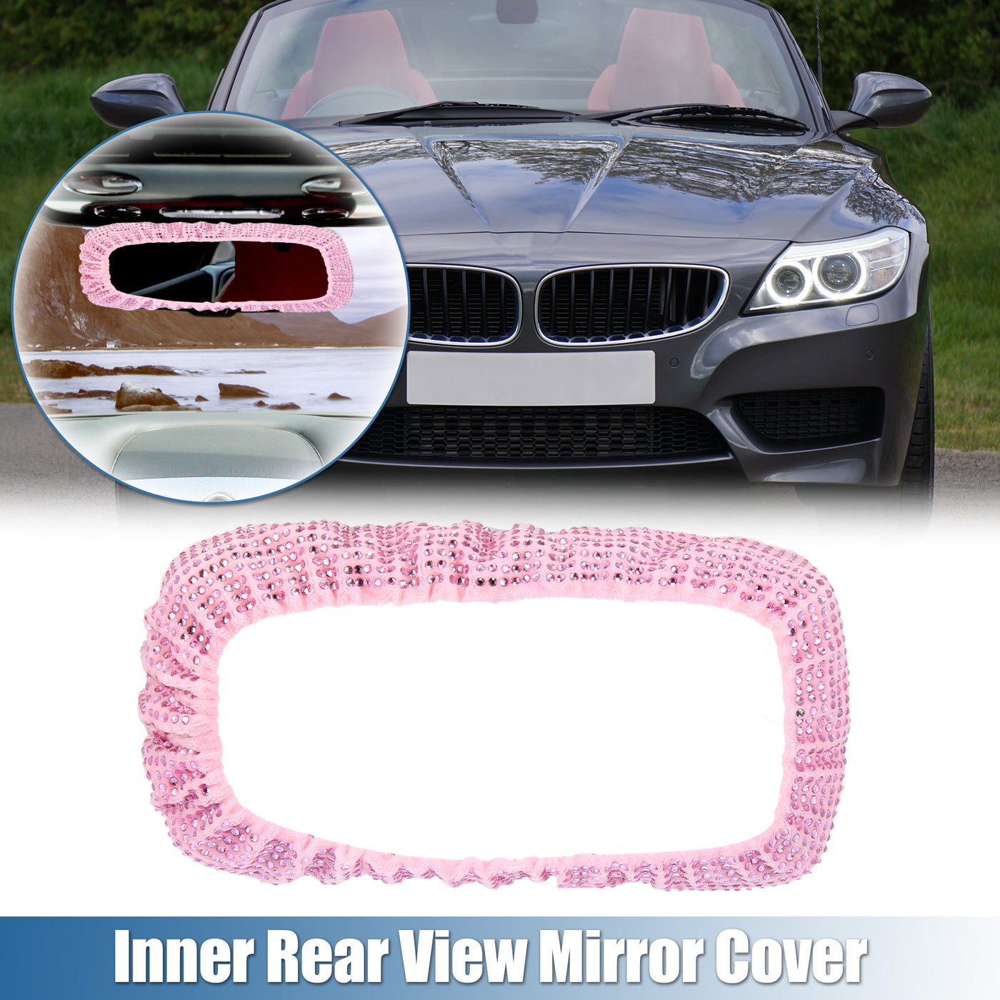 X AUTOHAUX Bling Car Mirror Accessories Charm Shining Car Rear View Mirror Decorative Cover Faux Crystal Rhinestone Car Interior Trim for Women Pink