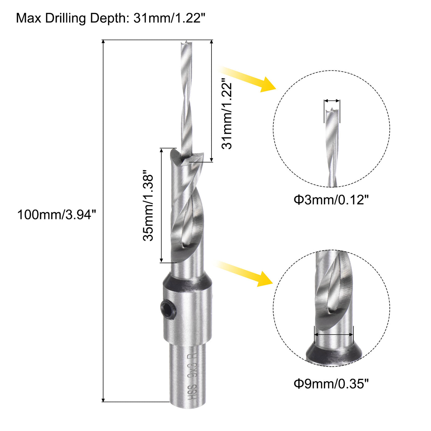 uxcell Uxcell Countersink Drill Bit 3 x 9 x 100mm HSS High-Speed Steel Adjustable Reamer