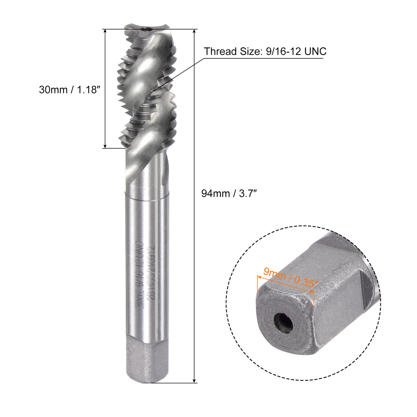 uxcell Uxcell 9/16-12 UNC 2B High Speed Steel Uncoated Machine Spiral Flutes Threading Tap