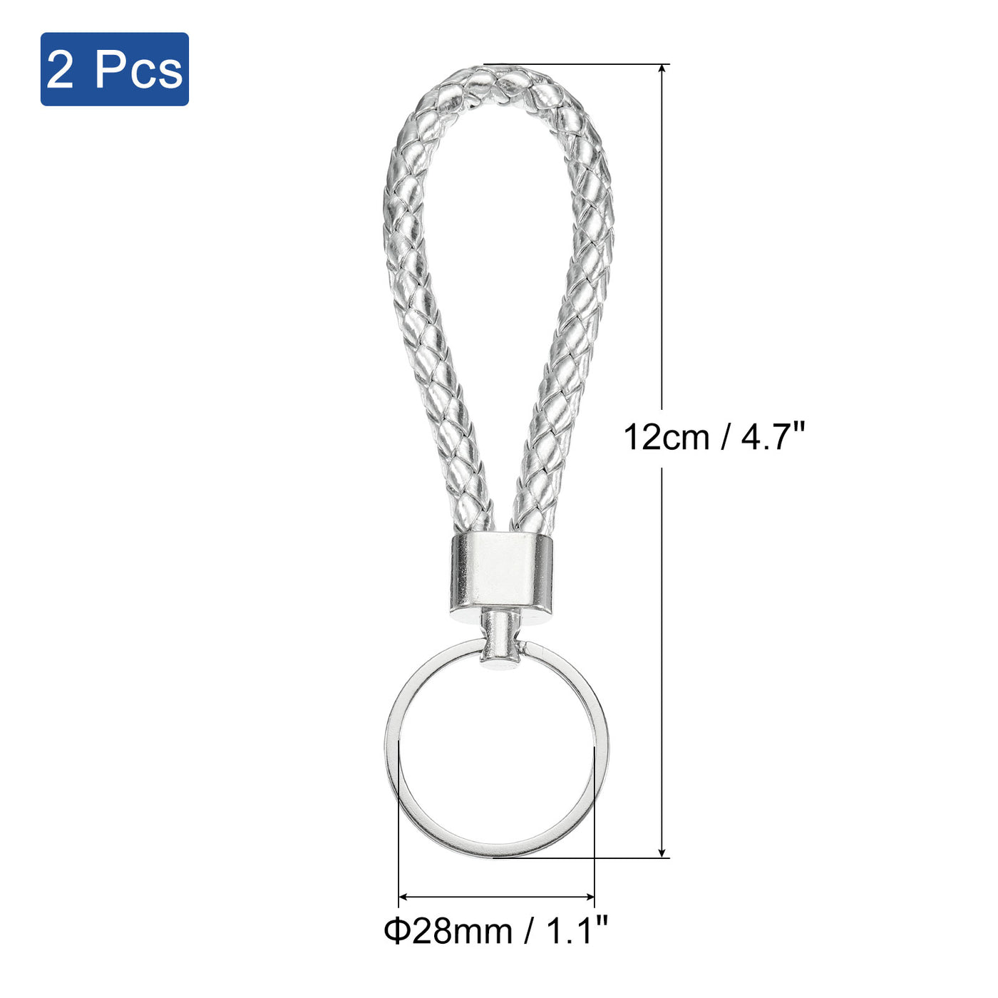 Harfington Braided Leather Keychain, 2 Pack PU Key Ring Woven Decoration Lanyard Strap for Bag Wallet, Silver