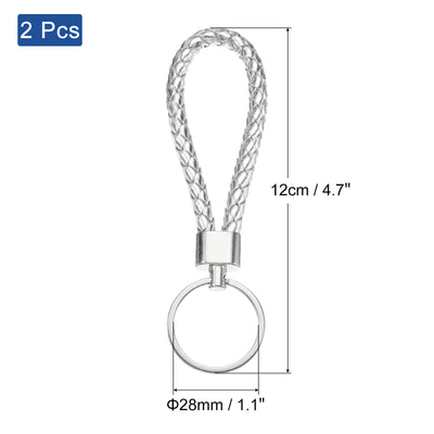 Harfington Braided Leather Keychain, 2 Pack PU Key Ring Woven Decoration Lanyard Strap for Bag Wallet, Silver