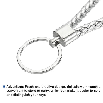 Harfington Braided Leather Keychain, 2 Pack PU Key Ring Woven Decoration Lanyard Strap for Bag Wallet, Silver