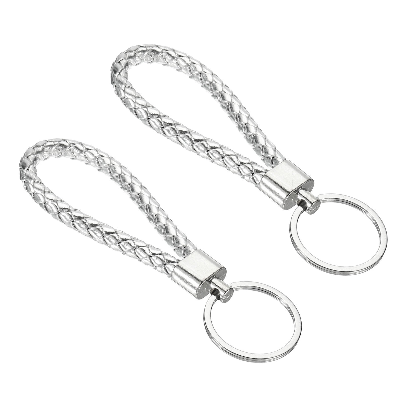 Harfington Braided Leather Keychain, 2 Pack PU Key Ring Woven Decoration Lanyard Strap for Bag Wallet, Silver