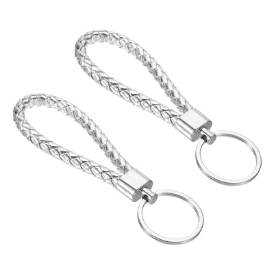 Harfington Braided Leather Keychain, 2 Pack PU Key Ring Woven Decoration Lanyard Strap for Bag Wallet, Silver