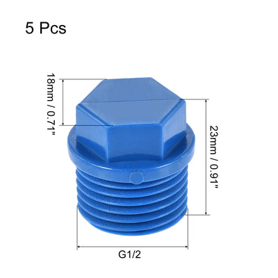 Harfington Pipe Plug Fitting G1/2 Male Threaded PVC Hex Head End Cap for Water Heater Drain Home Garden, Blue, Pack of 5