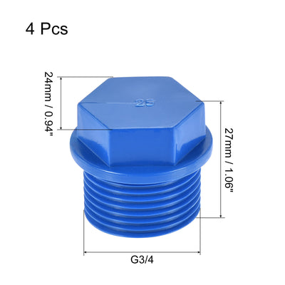 Harfington Pipe Plug Fitting G3/4 Male Threaded PVC Hex Head End Cap for Water Heater Drain Home Garden, Blue, Pack of 4