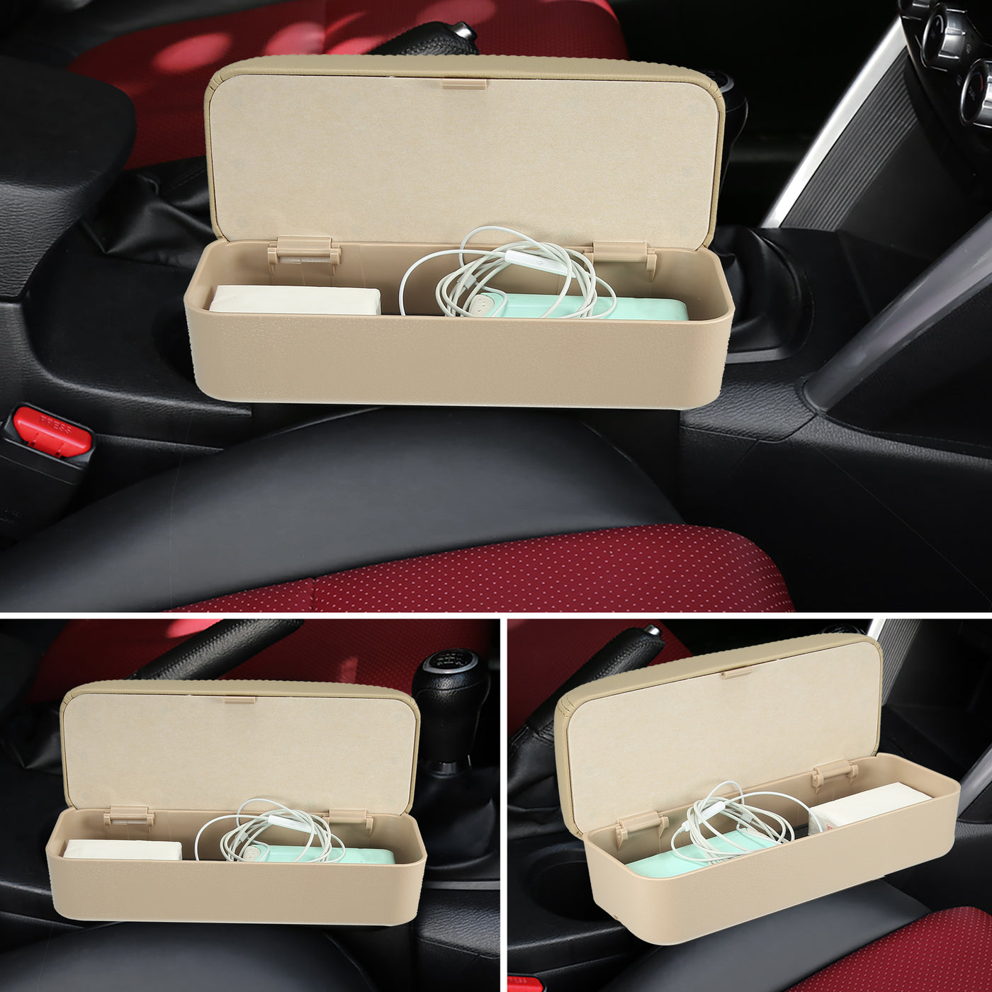 X AUTOHAUX Car Center Armrest Extender Box Seat Gap Adjustable Armrest Storage Box Armrest Beige PU Leather