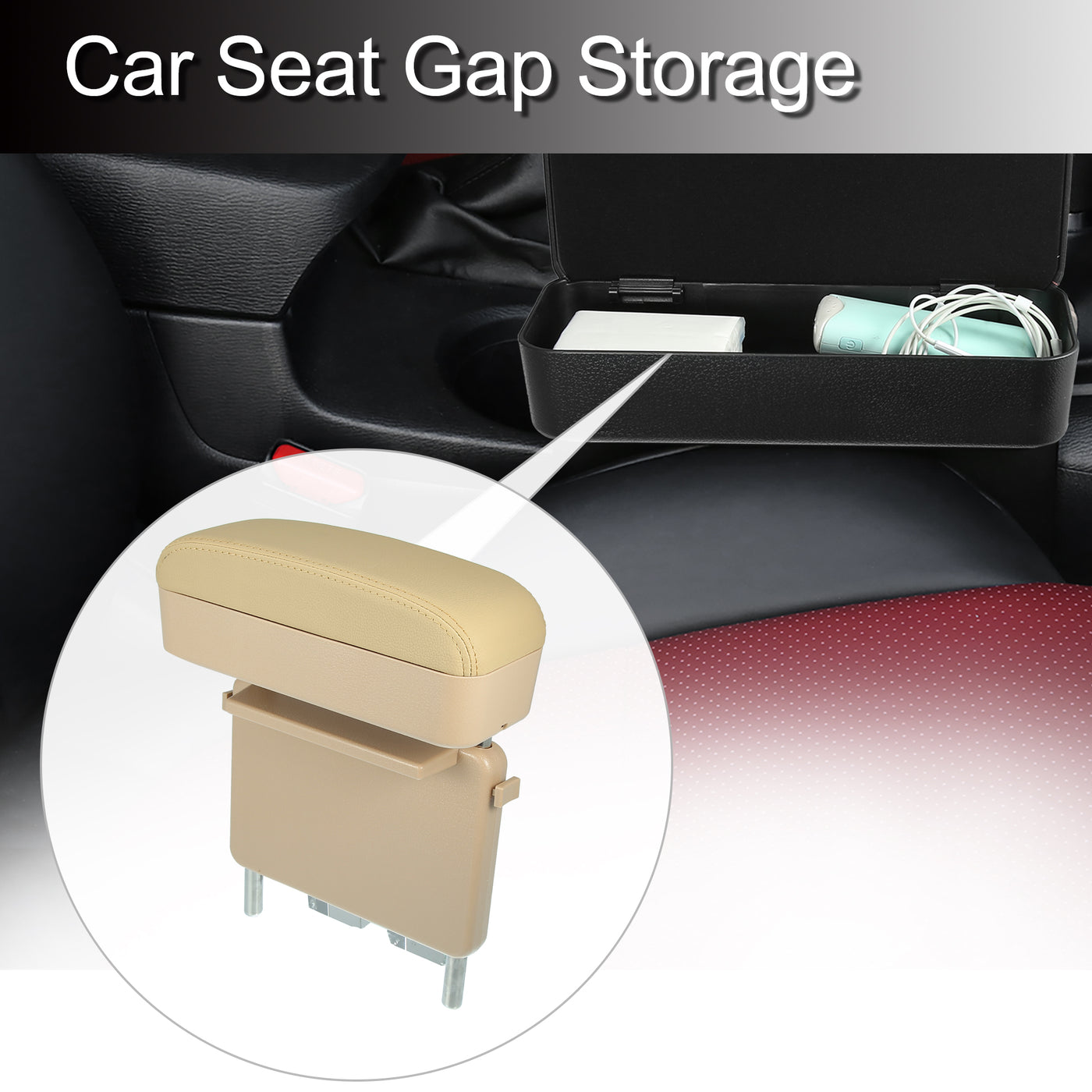 X AUTOHAUX Car Center Armrest Extender Box Seat Gap Adjustable Armrest Storage Box Armrest Beige PU Leather