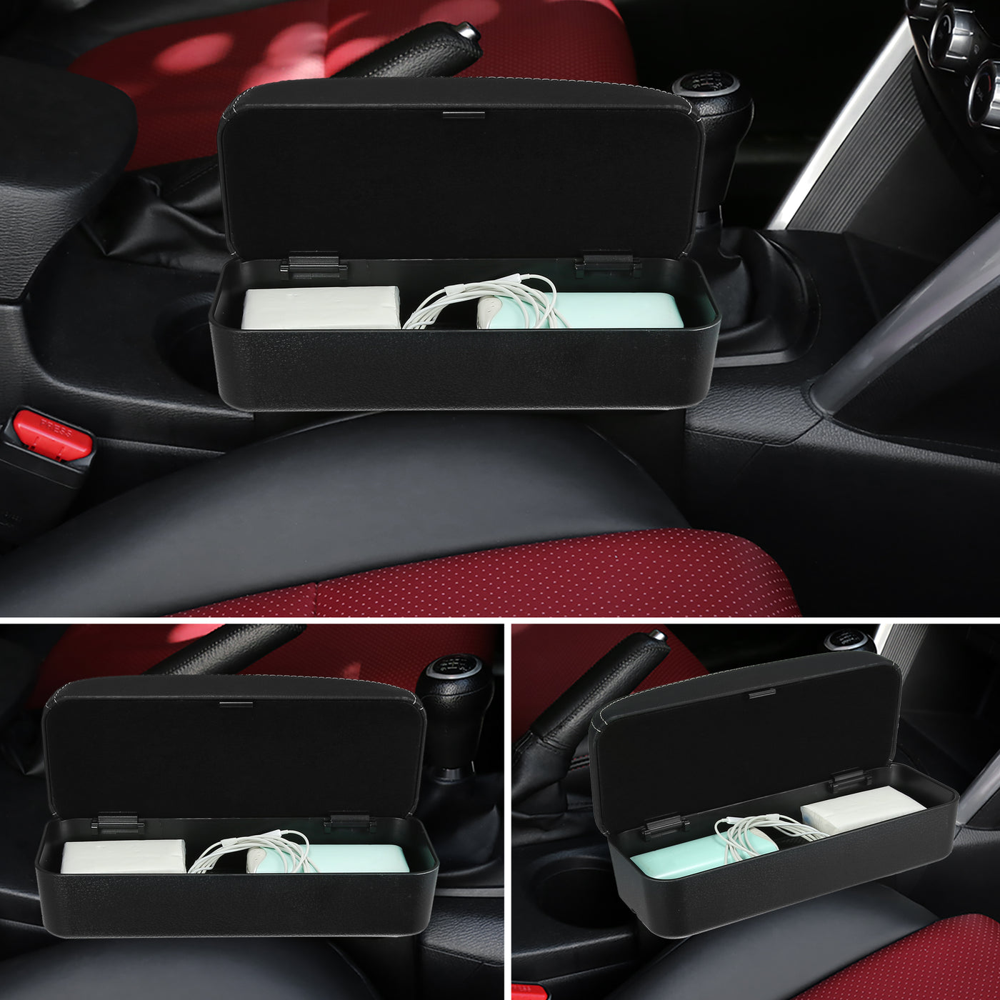 X AUTOHAUX Car Center Armrest Extender Box Seat Gap Adjustable Armrest Storage Box Armrest Black PU Leather with White Line