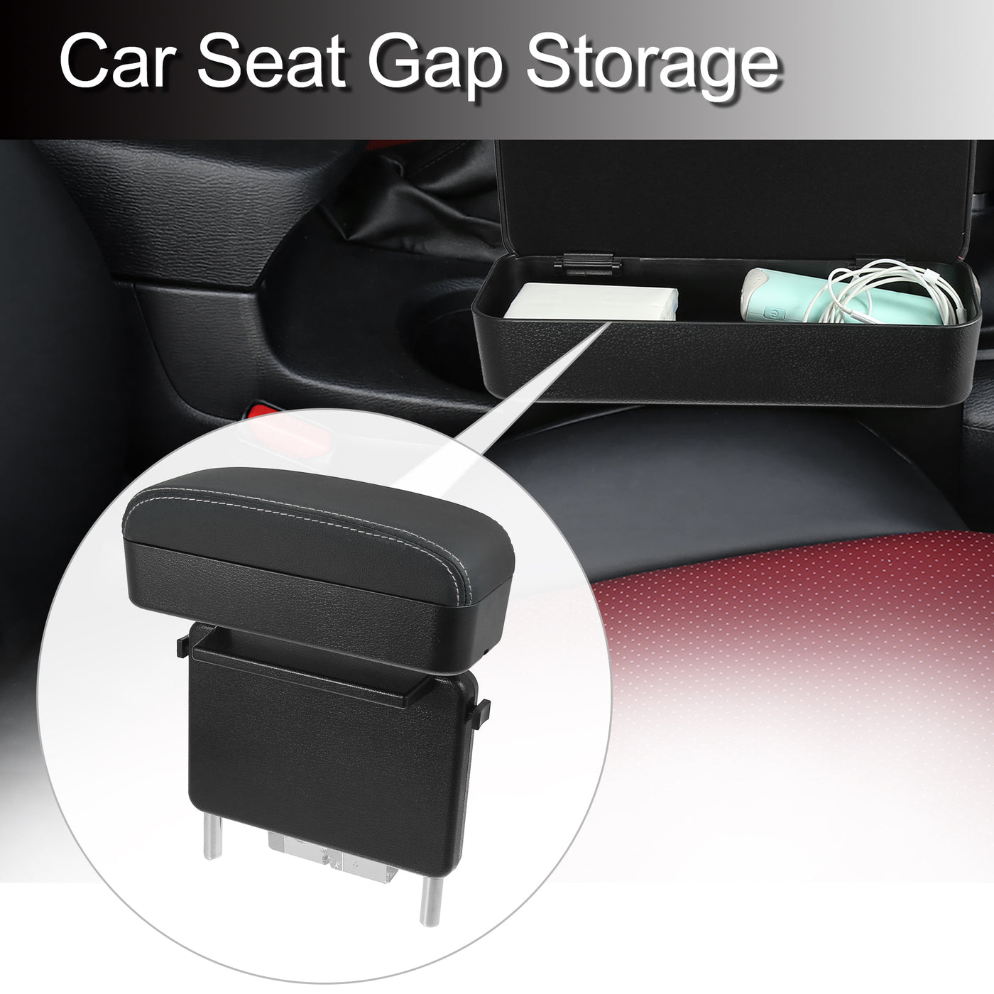 X AUTOHAUX Car Center Armrest Extender Box Seat Gap Adjustable Armrest Storage Box Armrest Black PU Leather with White Line