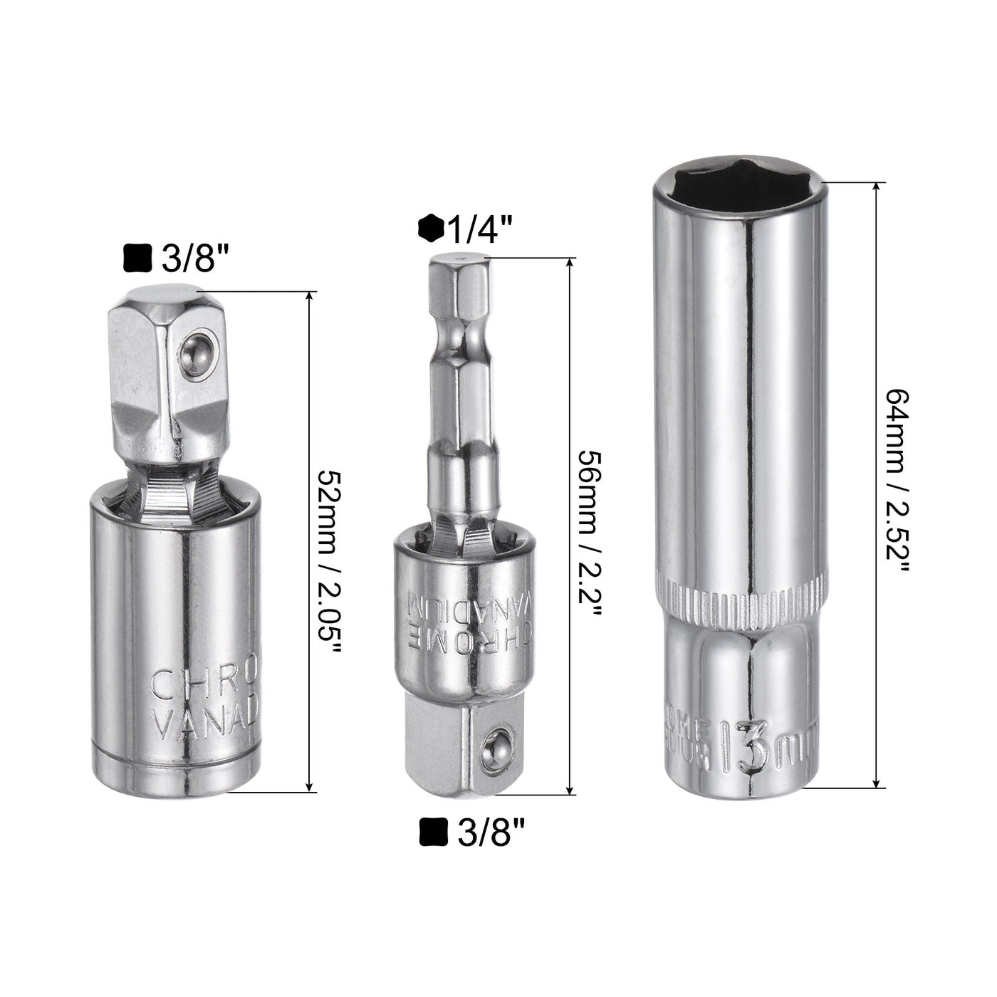 uxcell Uxcell 3/8" Drive 13mm Deep Socket Swivel Joints Hex Shank Impact Driver Adaptor Set