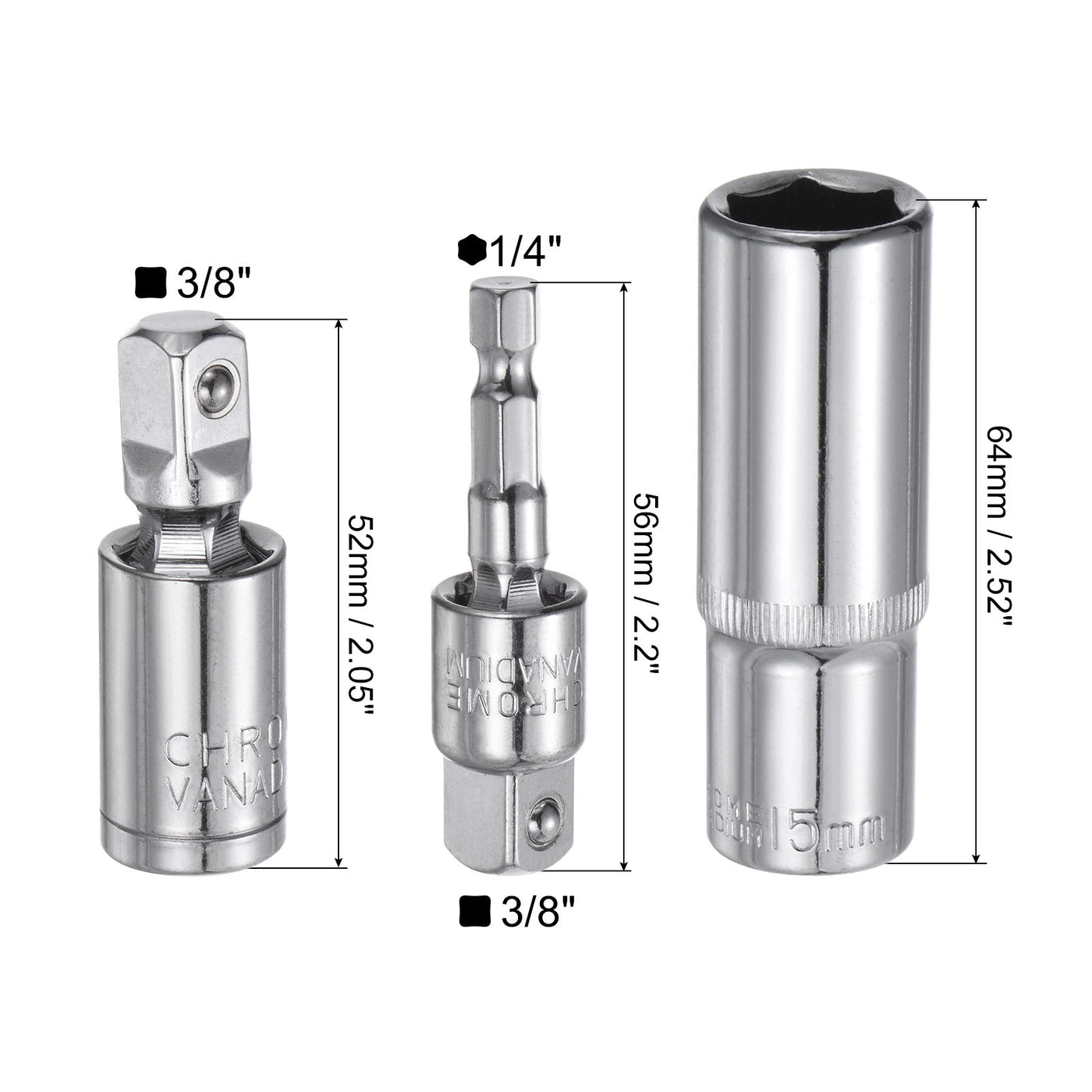 uxcell Uxcell 3/8" Drive 15mm Deep Socket Swivel Joints Hex Shank Impact Driver Adaptor Set