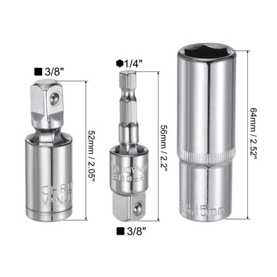 Harfington Uxcell 3/8" Drive 15mm Deep Socket Swivel Joints Hex Shank Impact Driver Adaptor Set