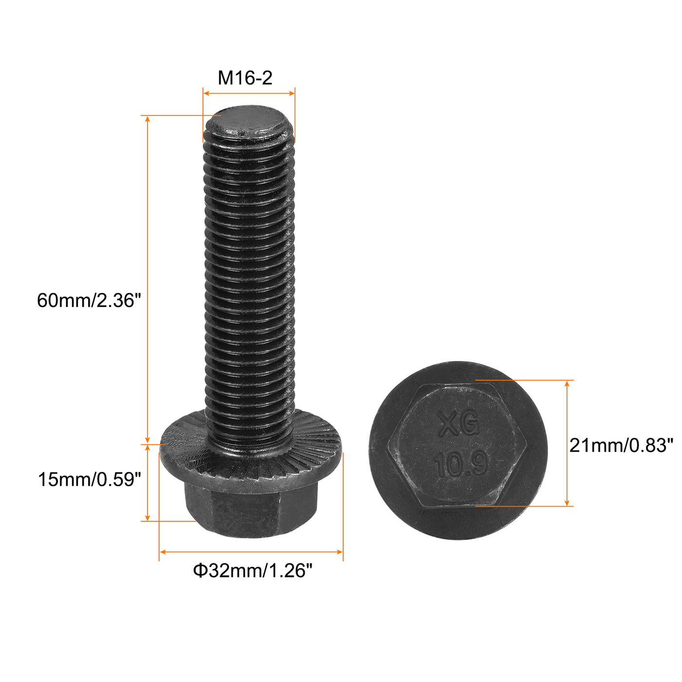 uxcell Uxcell 2 Stück Gezackte Sechskant Flanschschrauben M16x60mm 10.9 Kohlenstoffstahl Schrauben