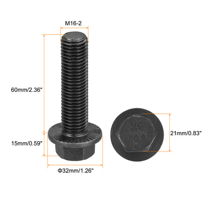 Harfington Uxcell 2 Stück Gezackte Sechskant Flanschschrauben M16x60mm 10.9 Kohlenstoffstahl Schrauben