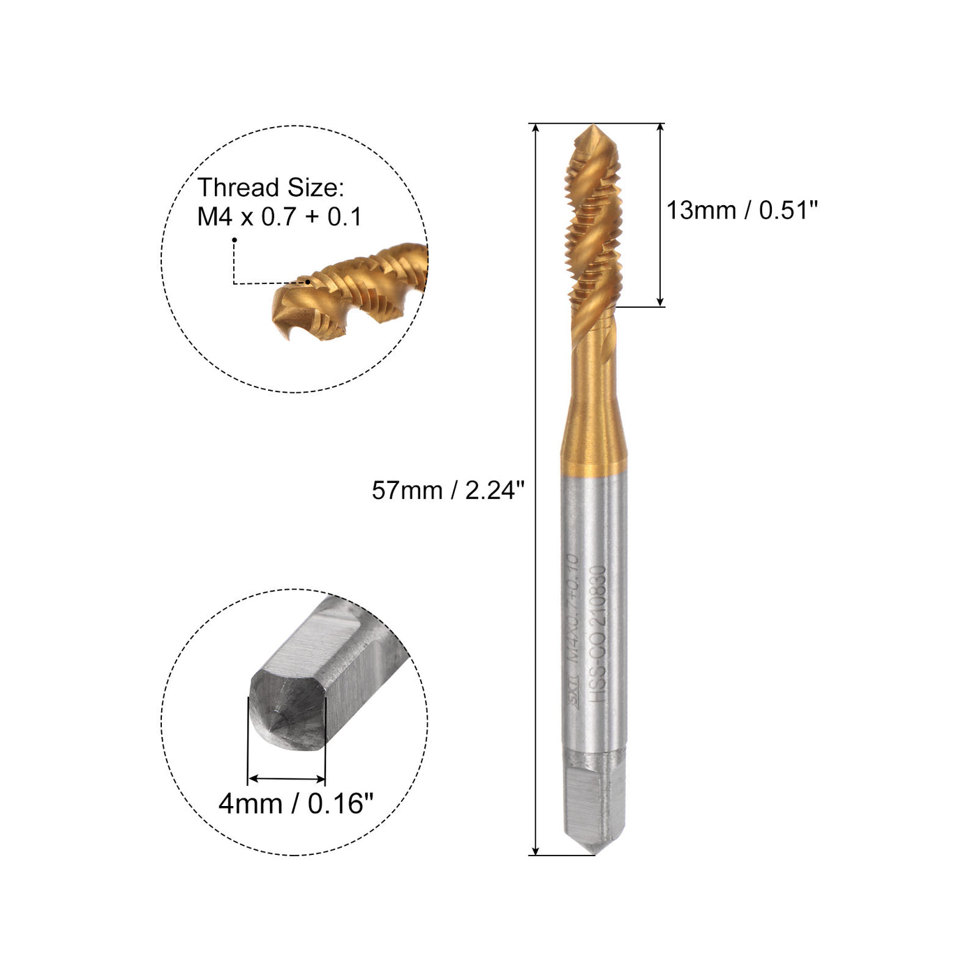 uxcell Uxcell M4 x 0.7 + 0.1 High Speed Steel Titanium Coated Machine Spiral Flute Taps