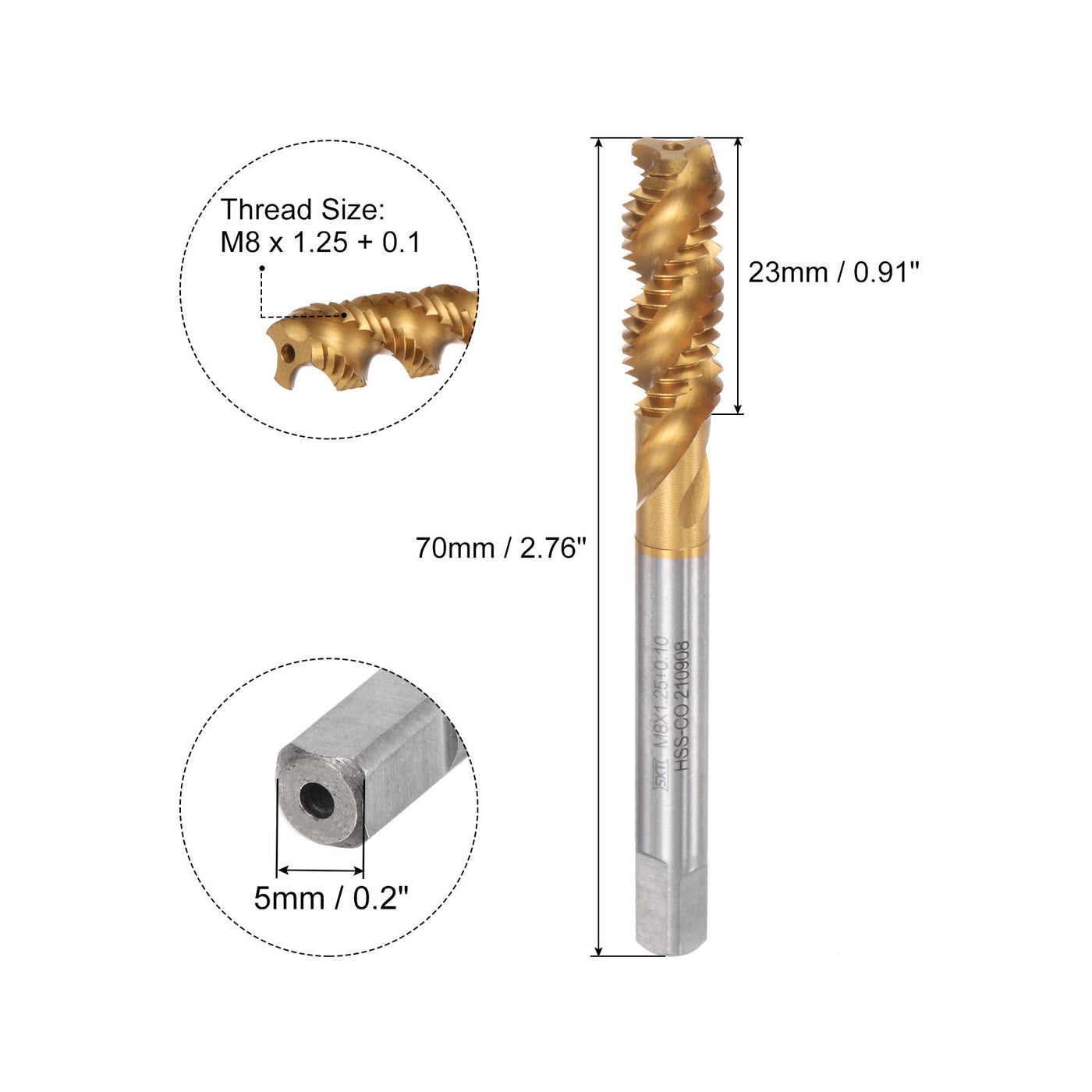 uxcell Uxcell M8 x 1.25 + 0.1 High Speed Steel Titanium Coated Machine Spiral Flute Taps