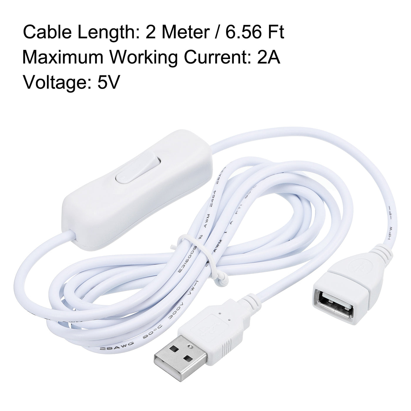 Harfington USB Extension Cable with Switch 2 Meter USB Male to Female Cord White