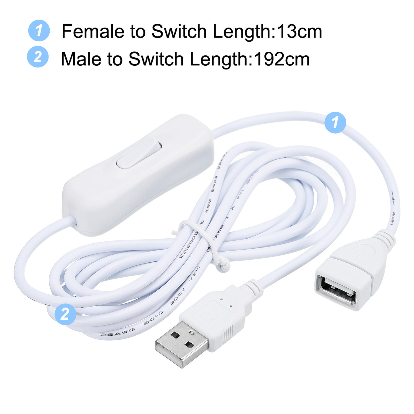 Harfington USB Extension Cable with Switch 2 Meter USB Male to Female Cord White