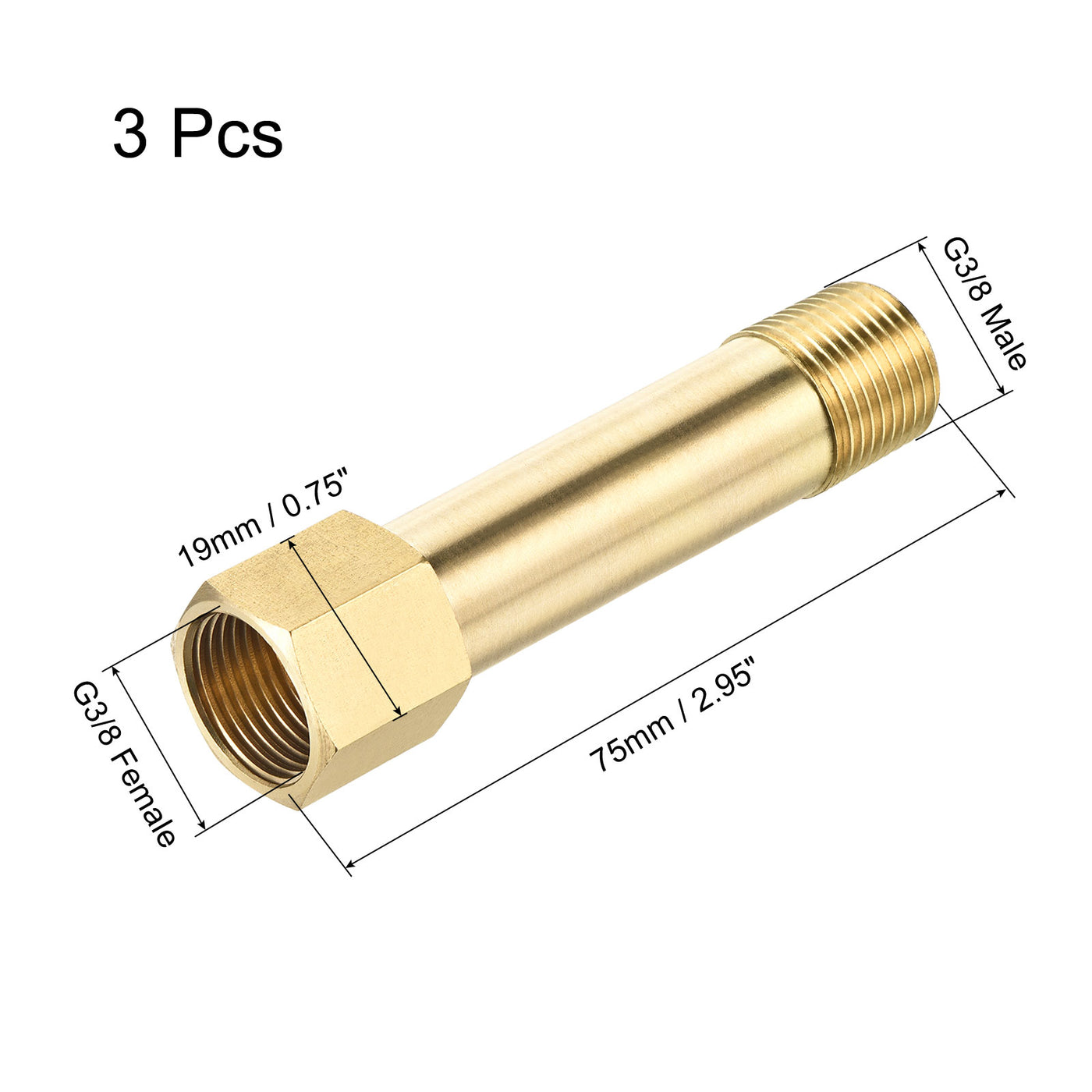 Harfington 3 Stück Messing Rohr Verschraubung G3/8 Innengewinde auf G3/8 Außengewinde Adapter 75mm Länge Verlängerungsverbinder Sechskant Rohrkupplung