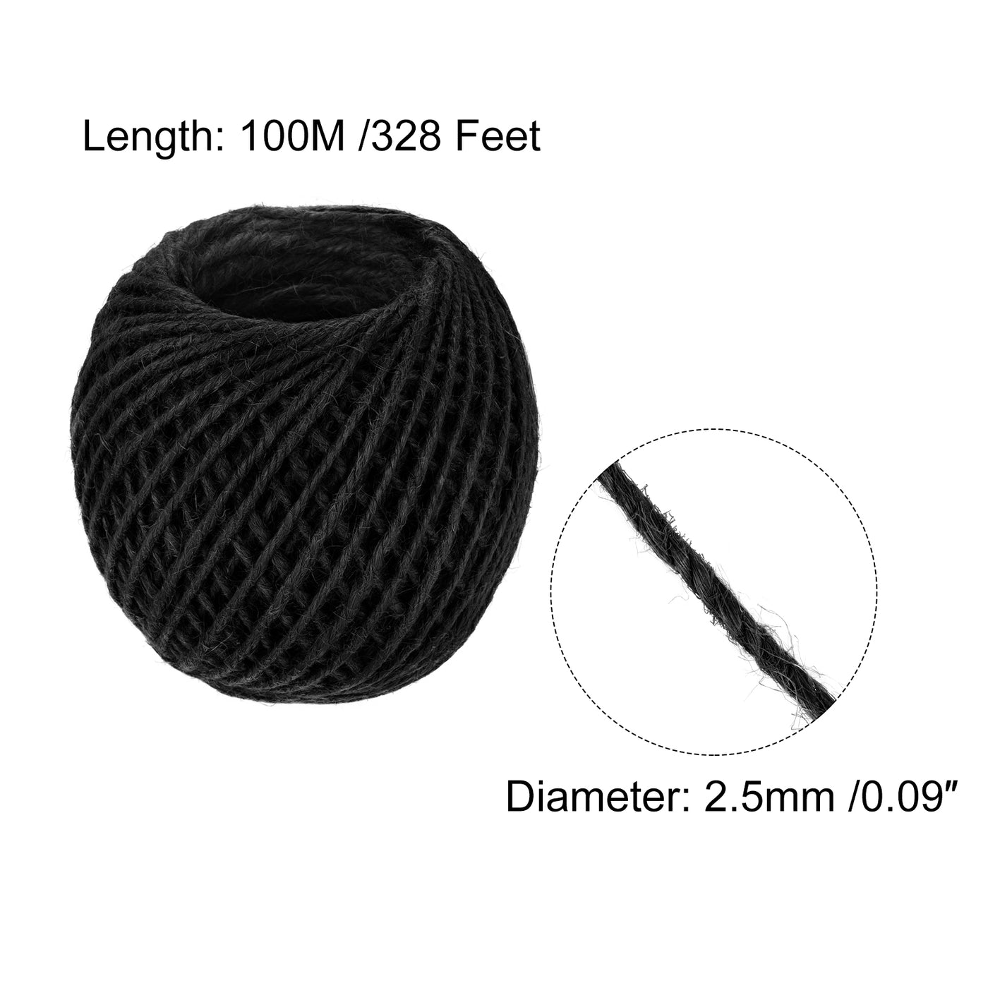 Harfington 328Ft 2.5mm Schnur Jute für Kunst Geschenkpackung Garten Hochzeit Dekor Schwarz