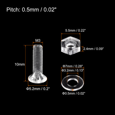 uxcell Uxcell M3 x 10mm Plastic Phillips Machine Screws with Nuts and Flat Washers, PC Flat Head Machine Bolts Transparent 20 Sets