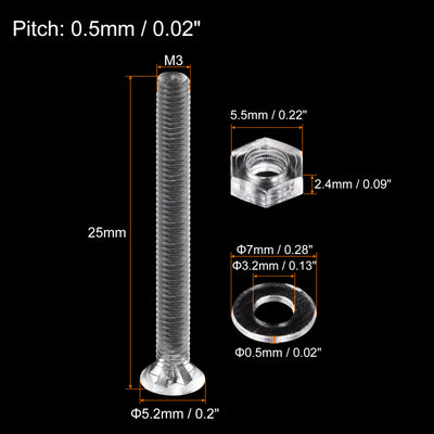 Harfington Uxcell 20 Sätze Kreuzschlitz Maschinenschrauben M3 x 25mm Kunststoff mit Muttern und Unterlegscheiben PC Flachkopf Maschinenschrauben Transparent