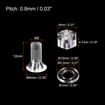 Harfington Uxcell 20 Sätze Kreuzschlitz Maschinenschrauben M5 x 12mm Kunststoff mit Muttern und Unterlegscheiben PC Flachkopf Maschinenschrauben Transparent