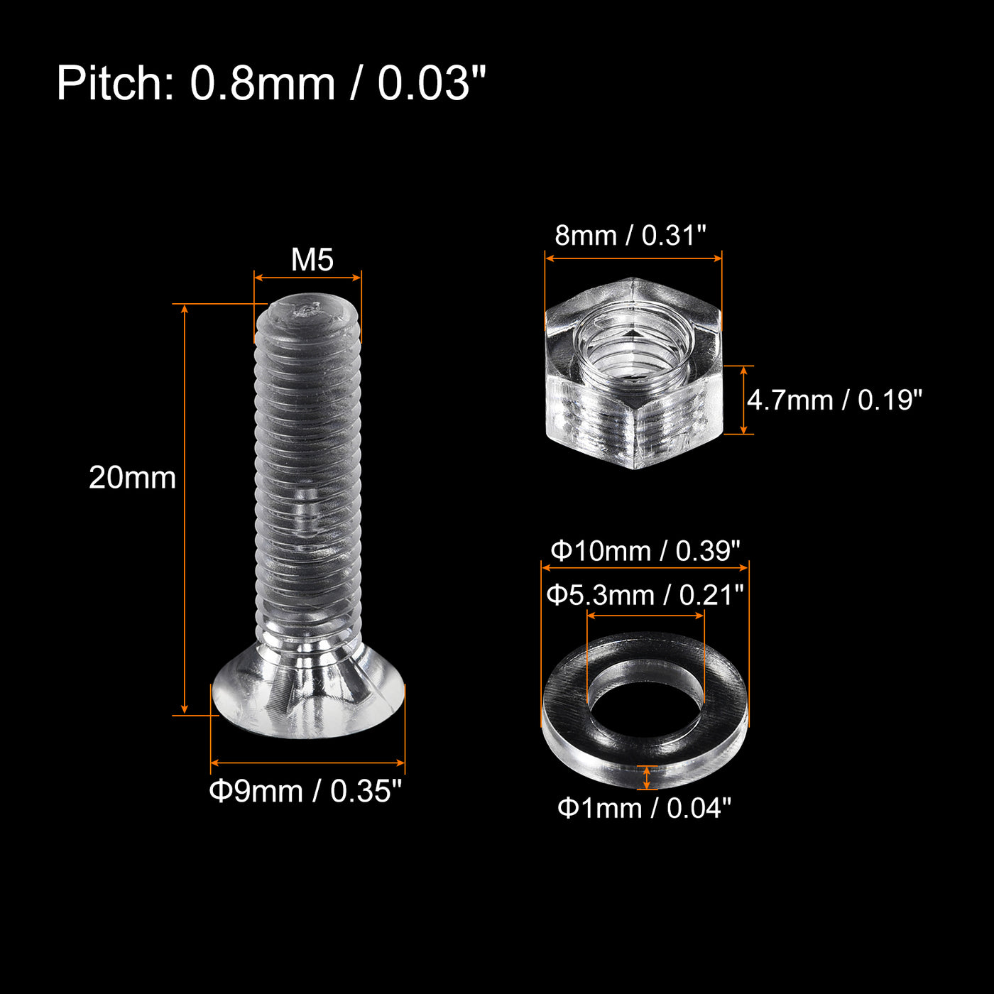 uxcell Uxcell 20 Sätze Kreuzschlitz Maschinenschrauben M5 x 20mm Kunststoff mit Muttern und Unterlegscheiben PC Flachkopf Maschinenschrauben Transparent