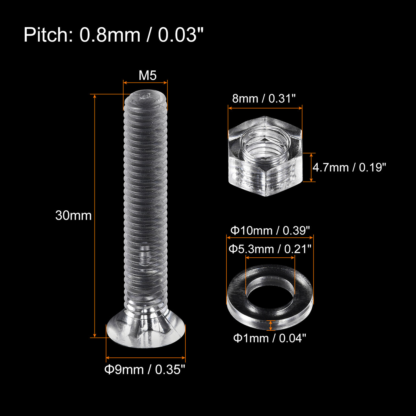 uxcell Uxcell M5 x 30mm Plastic Phillips Machine Screws with Nuts and Flat Washers, PC Flat Head Machine Bolts Transparent 20 Sets