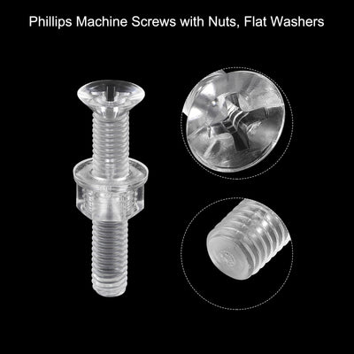 Harfington Uxcell M5 x 30mm Plastic Phillips Machine Screws with Nuts and Flat Washers, PC Flat Head Machine Bolts Transparent 20 Sets