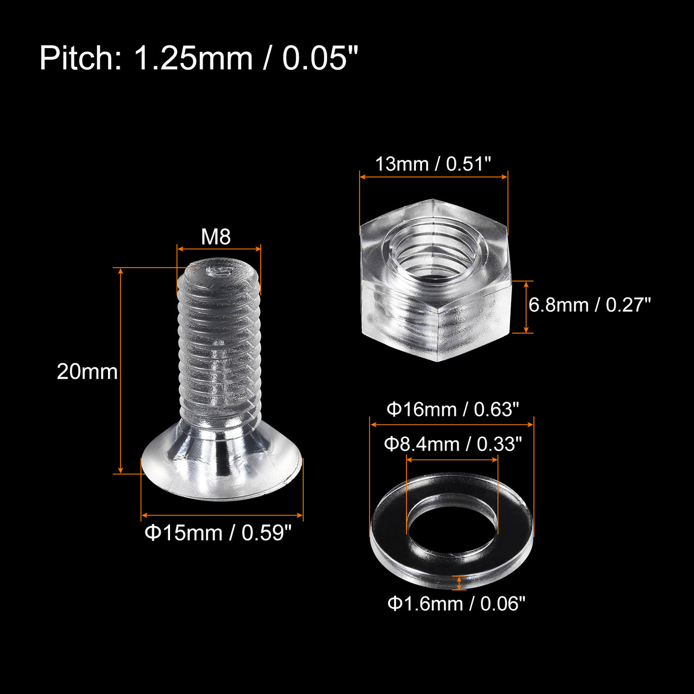 uxcell Uxcell M8 x 20mm Plastic Phillips Machine Screws with Nuts and Flat Washers, PC Flat Head Machine Bolts Transparent 20 Sets