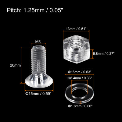 Harfington Uxcell M8 x 20mm Plastic Phillips Machine Screws with Nuts and Flat Washers, PC Flat Head Machine Bolts Transparent 20 Sets